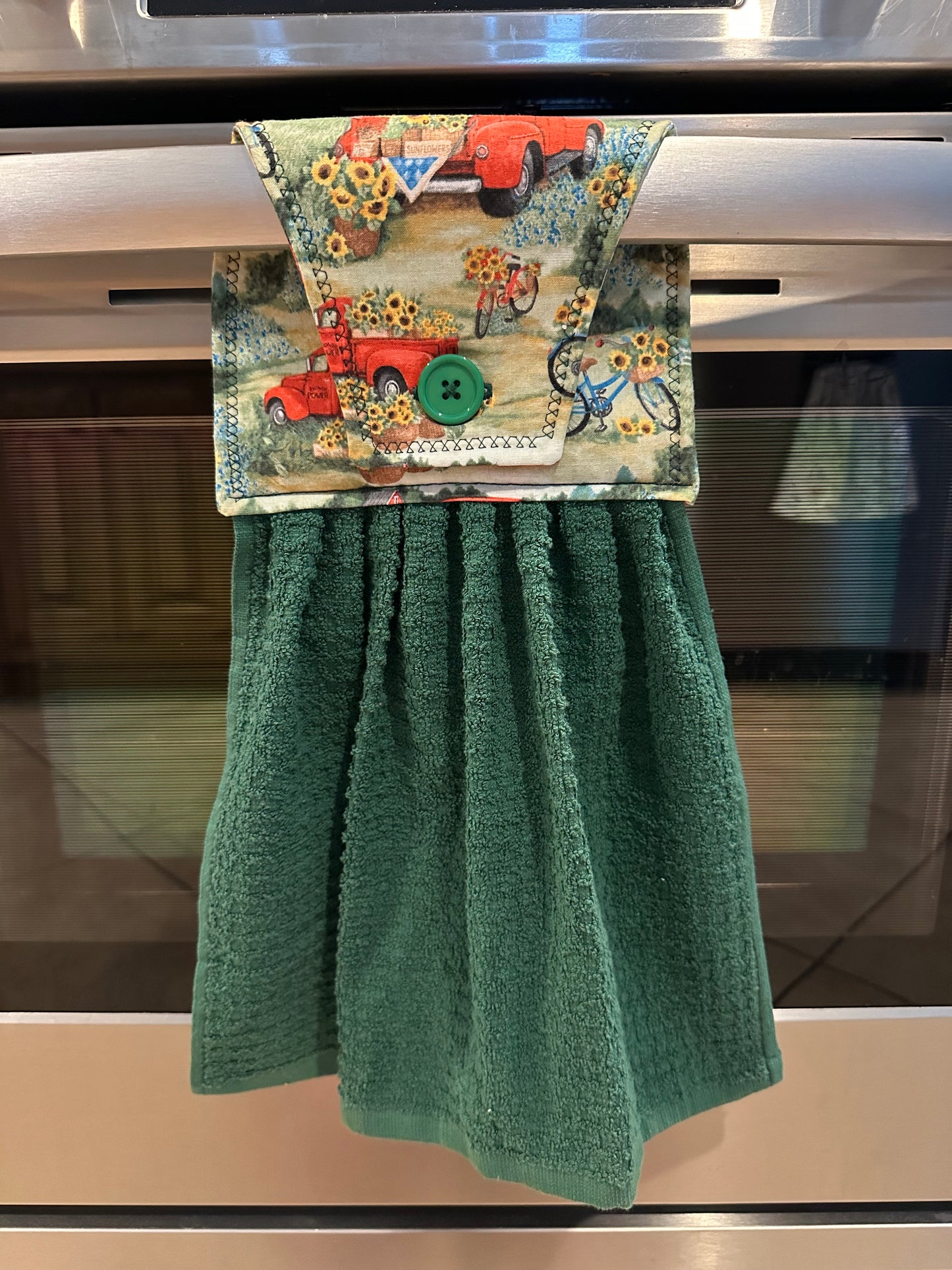 Red Truck + Sunflowers Green Towel