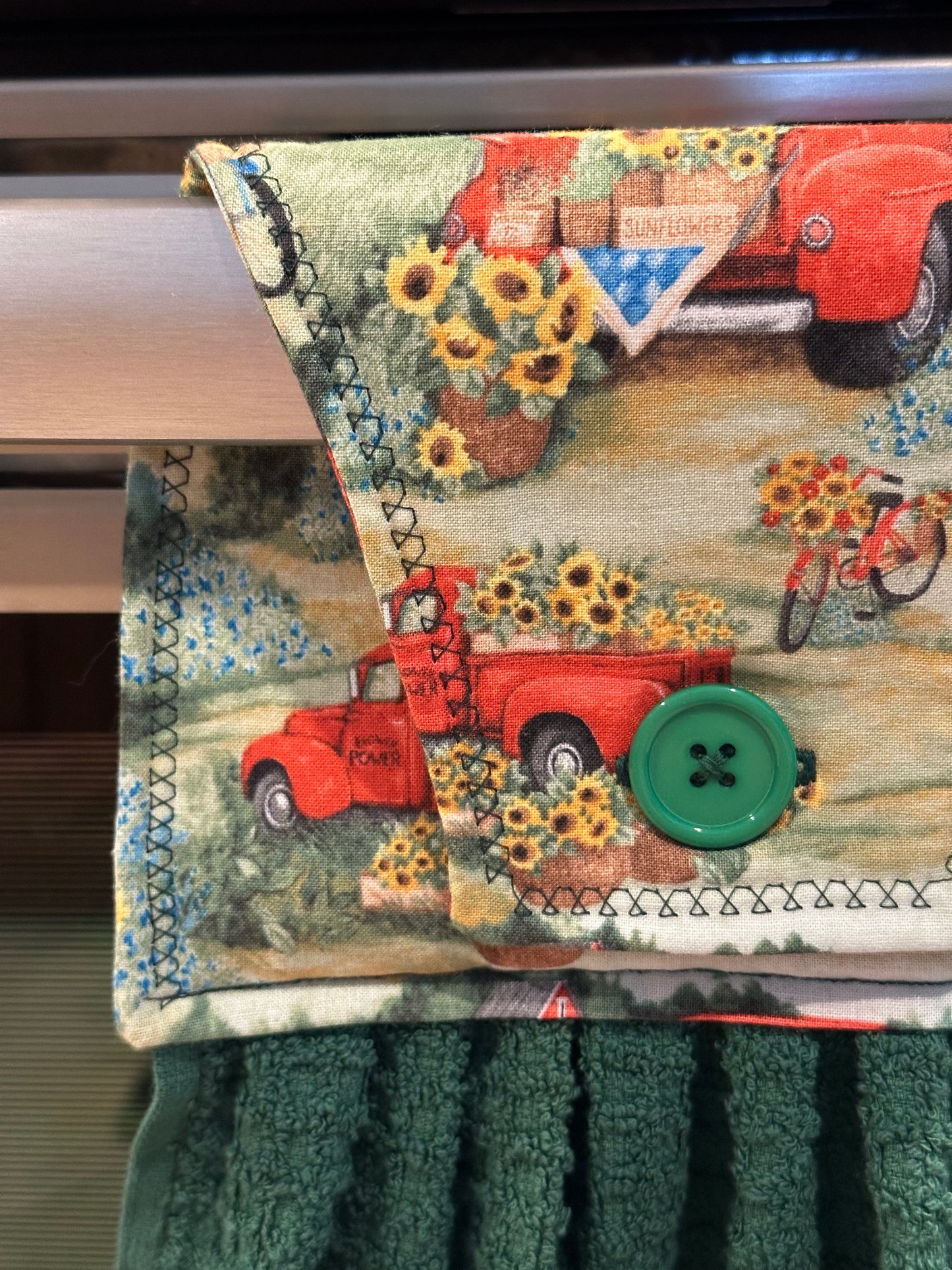Red Truck + Sunflowers Green Towel