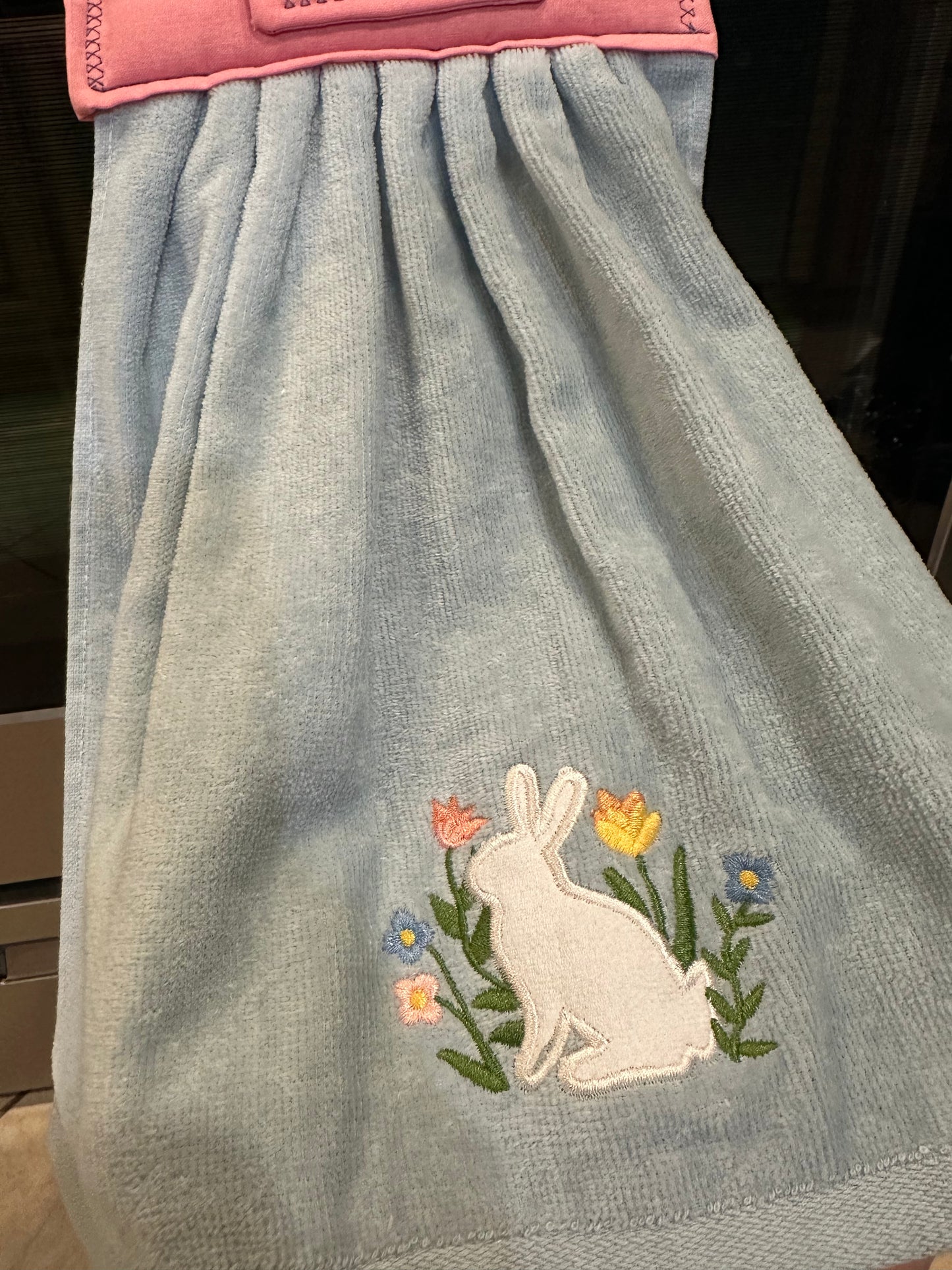 Embroidered White Bunny + Flowers Towel