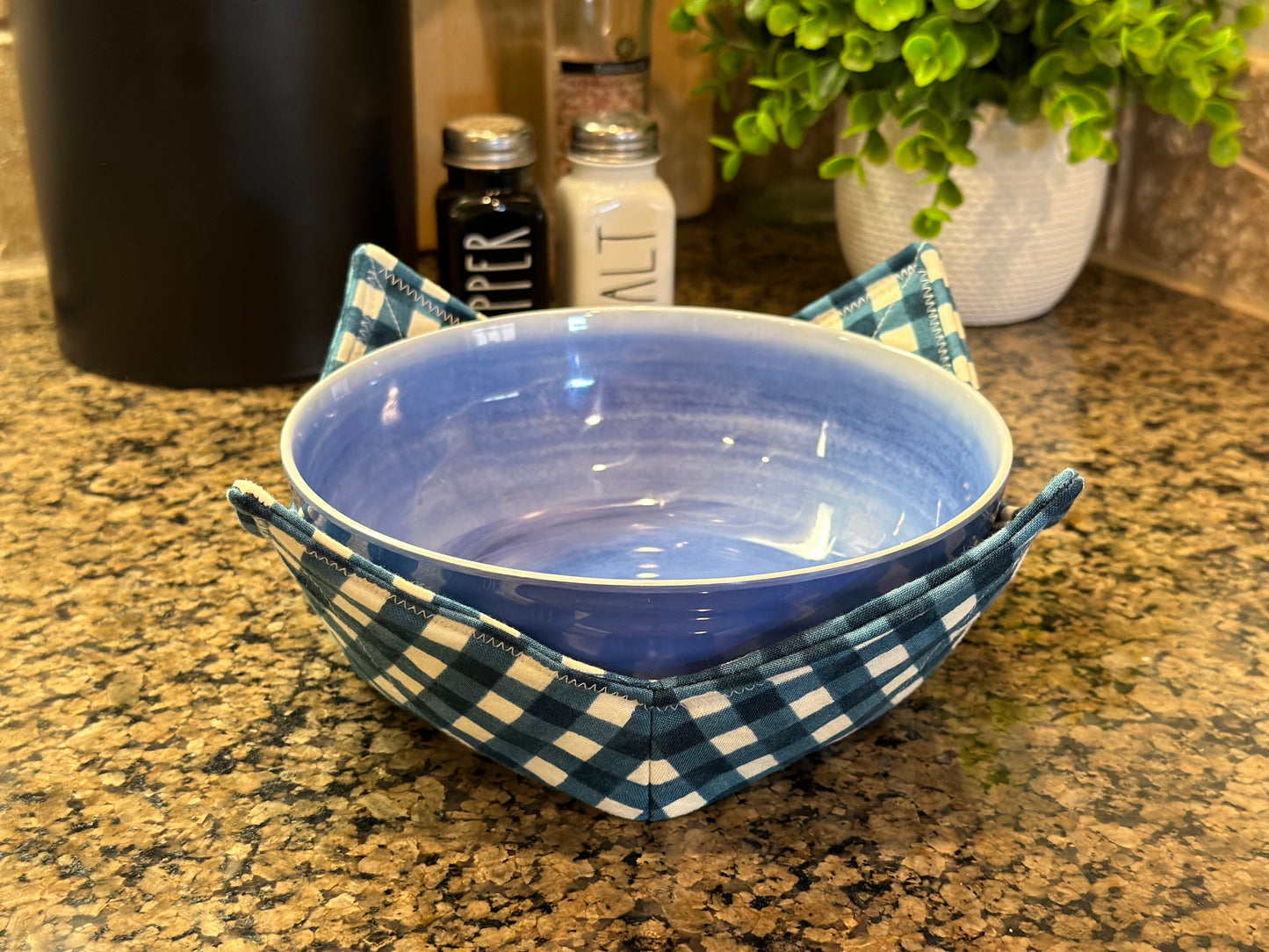 Dark Blue and White Gingham Microwave Bowl Cozy