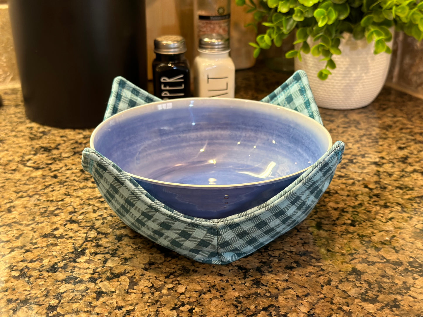 Blue on Blue Plaid Microwave Bowl Cozy
